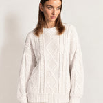 White Cable Knit Jumper Oversized Crew Neck Sweater with Diamond Pattern