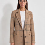 Beige Check Coat Womens Tailored Checked Coat with Notch Lapel and Button Front
