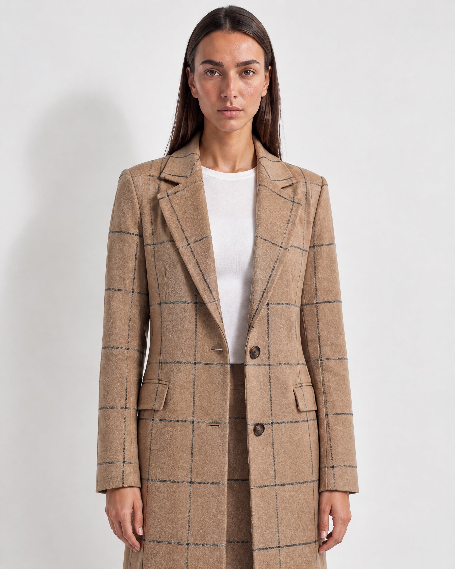Beige Check Coat Womens Tailored Checked Coat with Notch Lapel and Button Front
