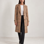 Beige Check Coat Womens Tailored Checked Coat with Notch Lapel and Button Front