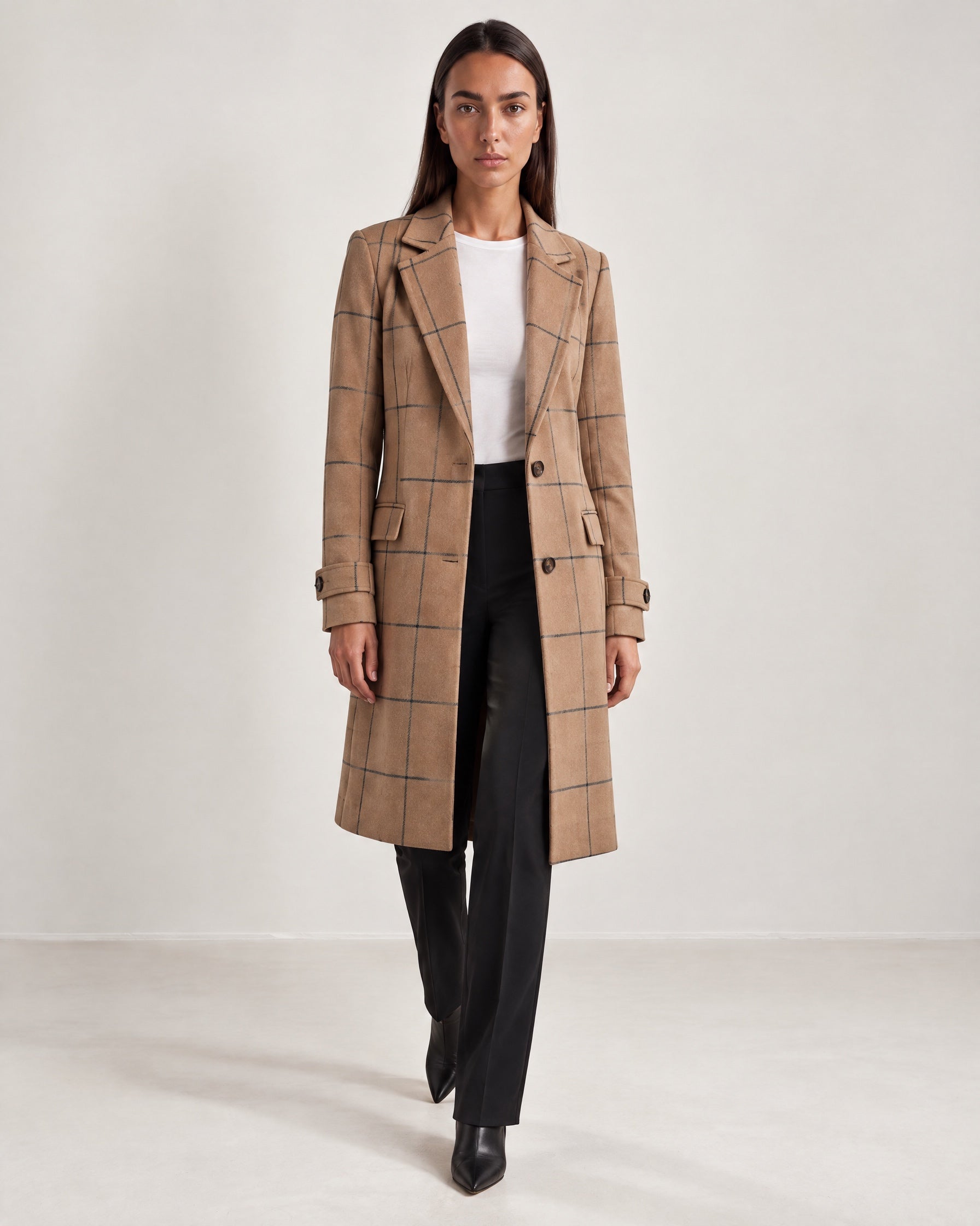 Beige Check Coat Womens Tailored Checked Coat with Notch Lapel and Button Front