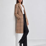 Beige Check Coat Womens Tailored Checked Coat with Notch Lapel and Button Front