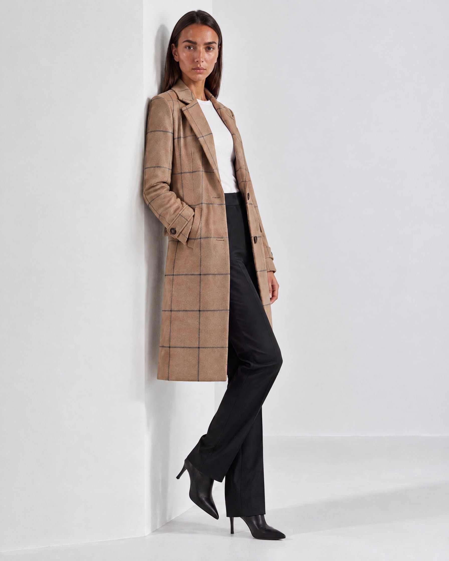 Beige Check Coat Womens Tailored Checked Coat with Notch Lapel and Button Front