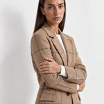 Beige Check Coat Womens Tailored Checked Coat with Notch Lapel and Button Front