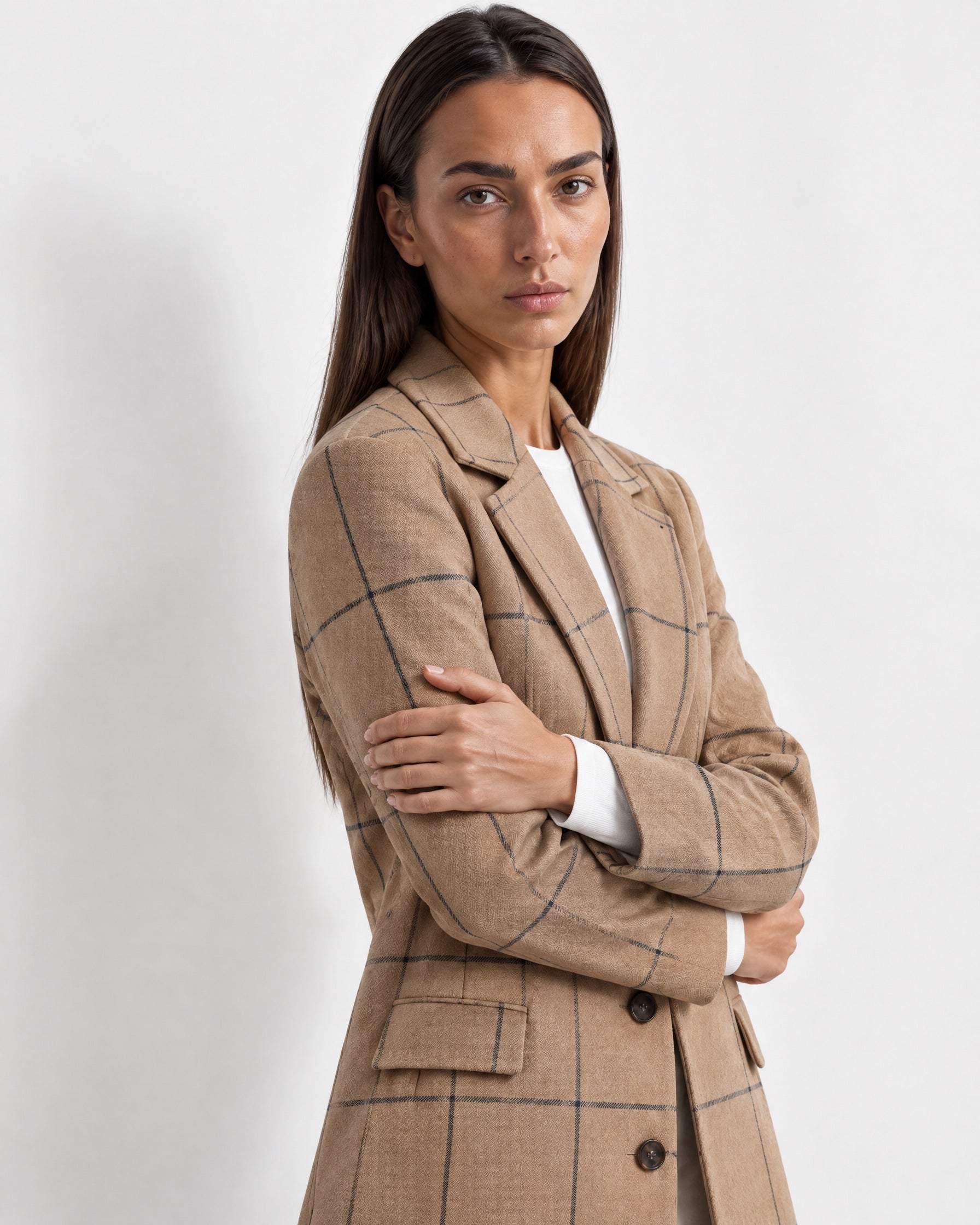 Beige Check Coat Womens Tailored Checked Coat with Notch Lapel and Button Front