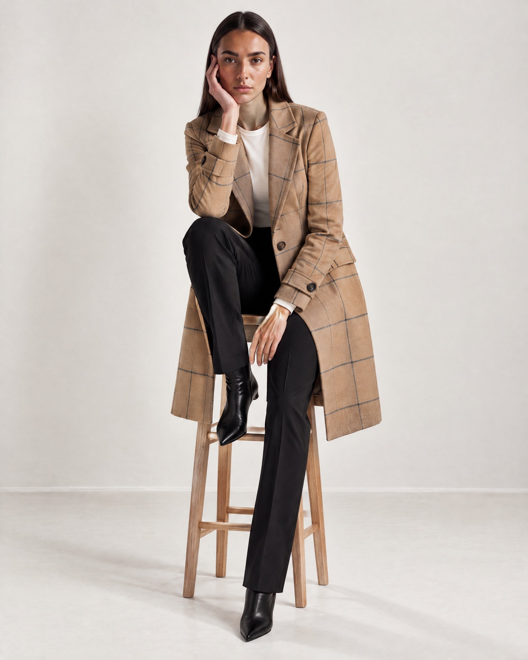 Beige Check Coat Womens Tailored Checked Coat with Notch Lapel and Button Front