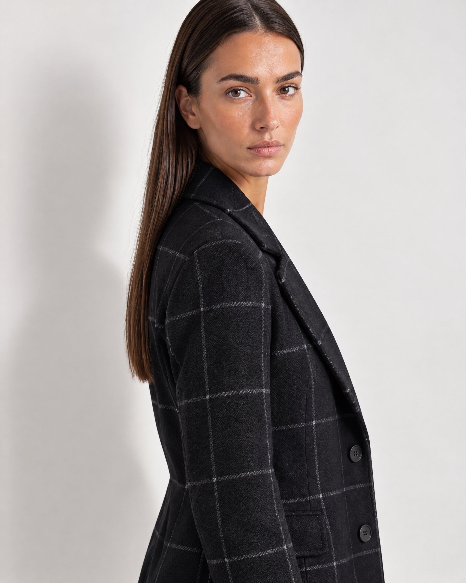 Black Check Coat Womens Tailored Checked Coat with Notch Lapel and Button Front