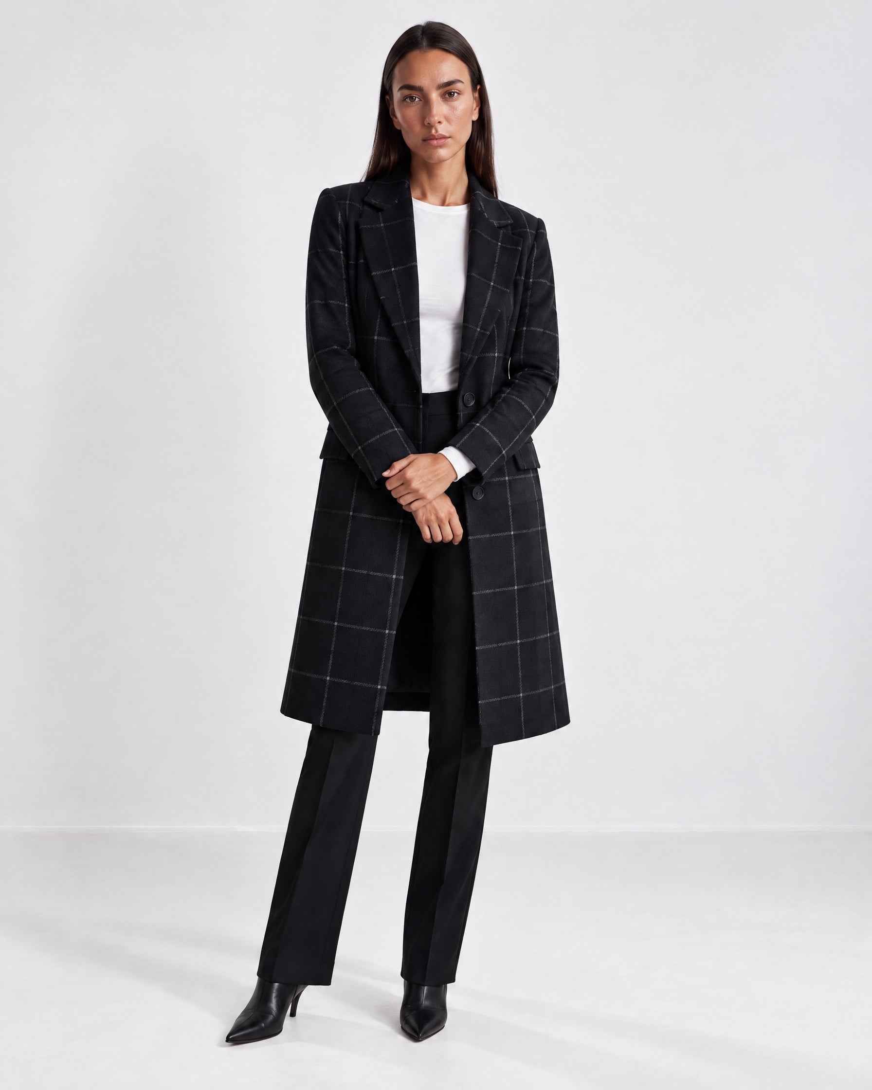 Black Check Coat Womens Tailored Checked Coat with Notch Lapel and Button Front