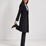 Black Check Coat Womens Tailored Checked Coat with Notch Lapel and Button Front