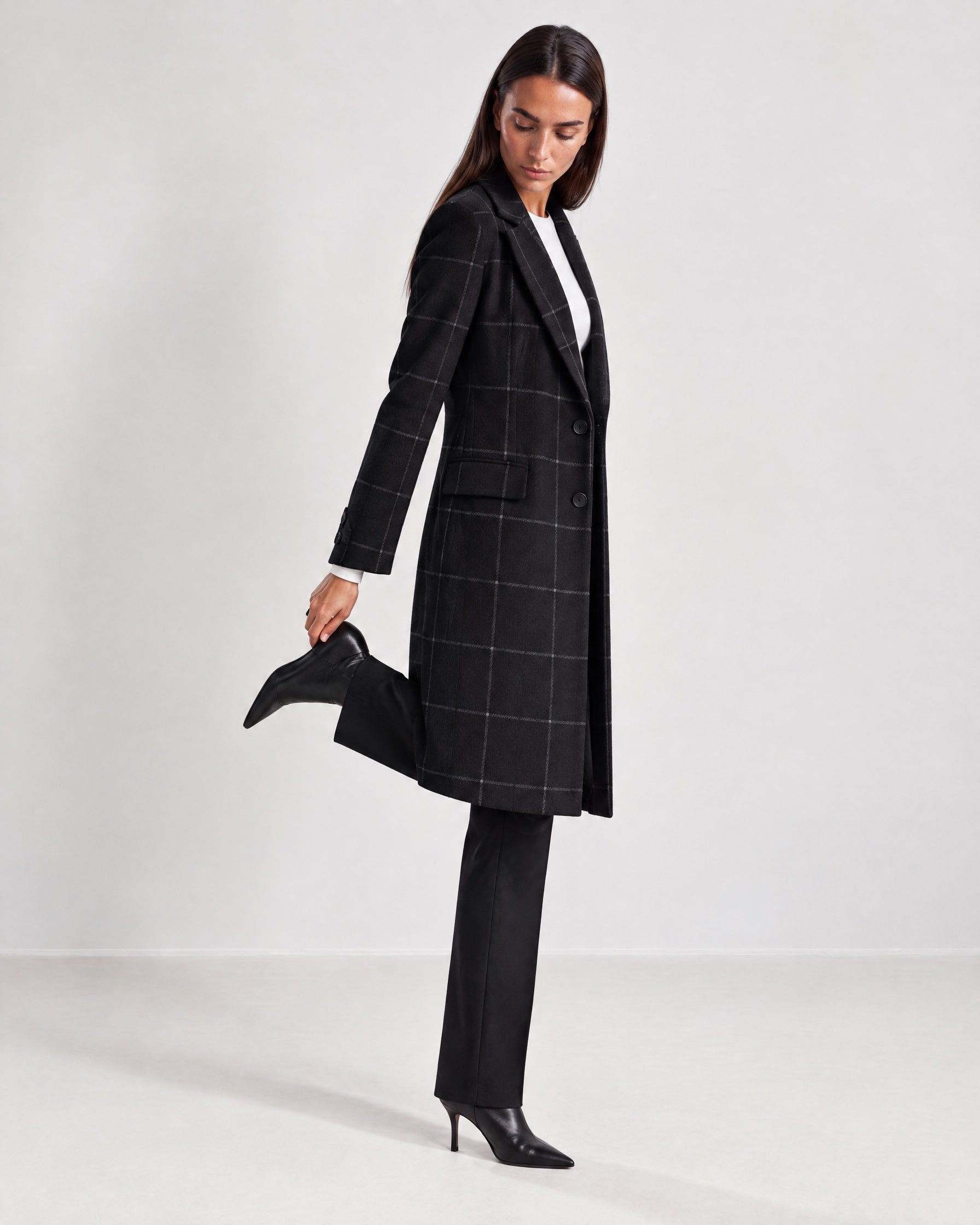 Black Check Coat Womens Tailored Checked Coat with Notch Lapel and Button Front