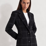 Black Check Coat Womens Tailored Checked Coat with Notch Lapel and Button Front