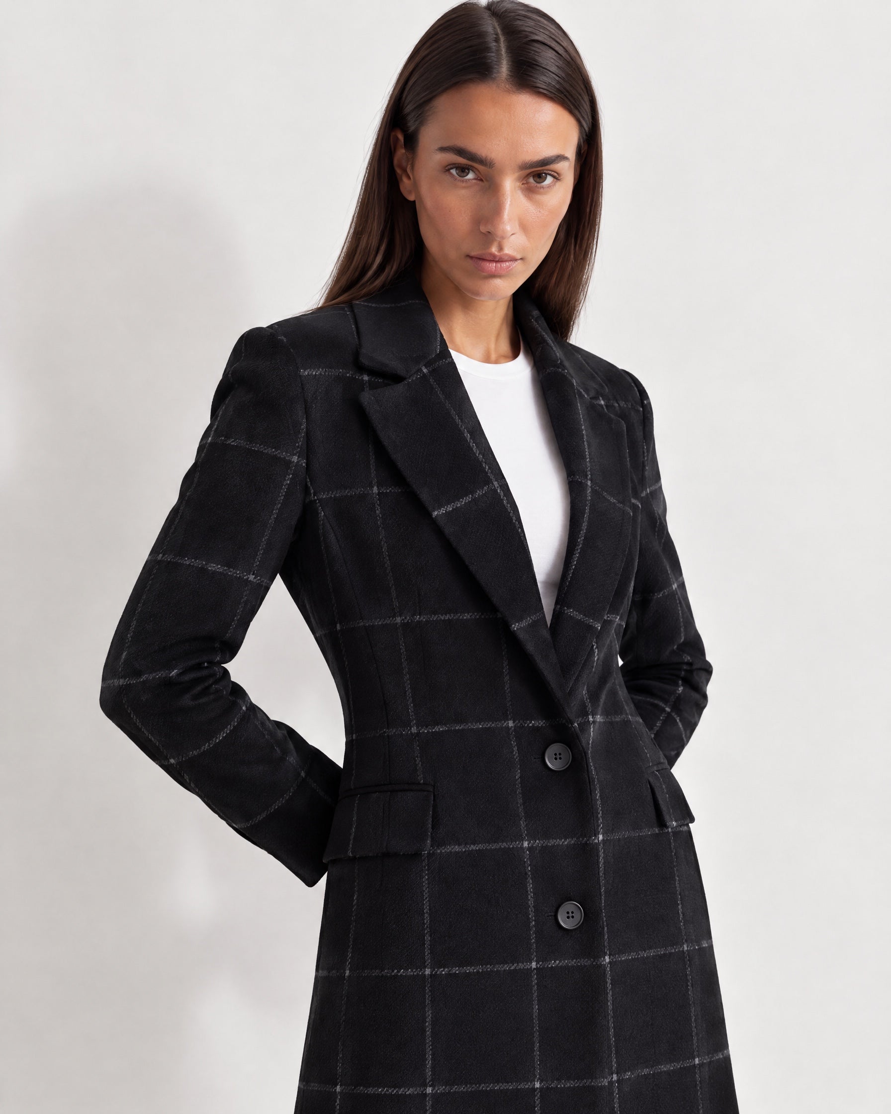 Black Check Coat Womens Tailored Checked Coat with Notch Lapel and Button Front