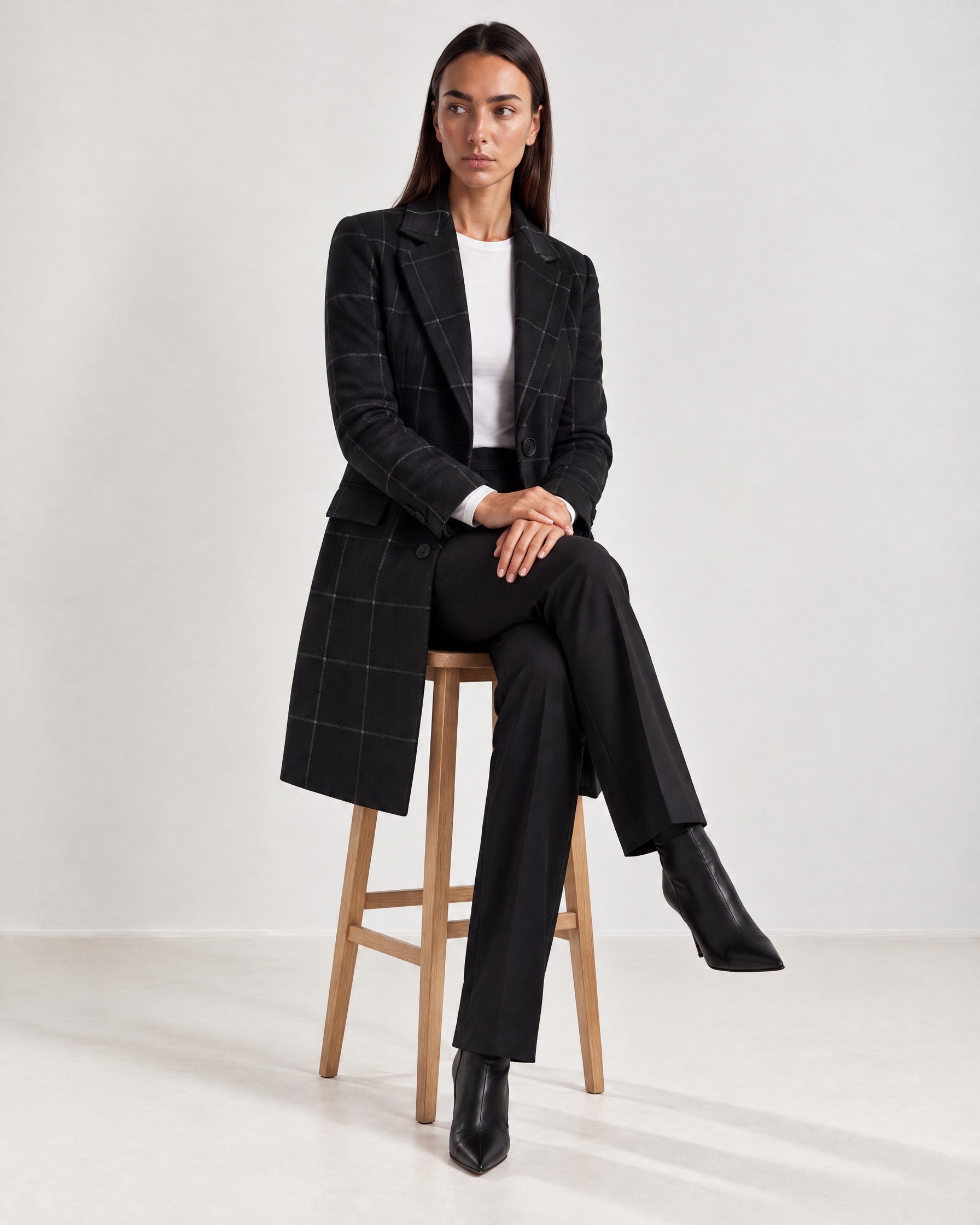 Black Check Coat Womens Tailored Checked Coat with Notch Lapel and Button Front