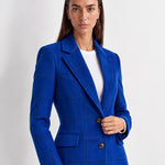 Blue Check Coat Womens Tailored Checked Coat with Notch Lapel and Button Front
