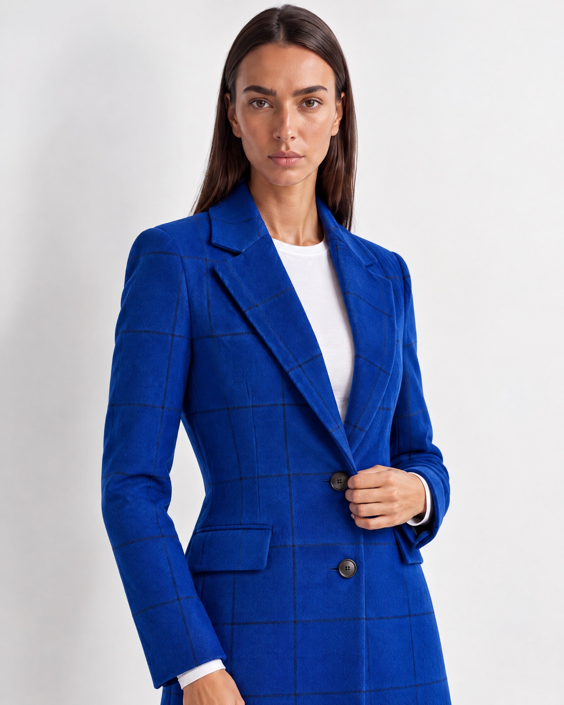 Blue Check Coat Womens Tailored Checked Coat with Notch Lapel and Button Front