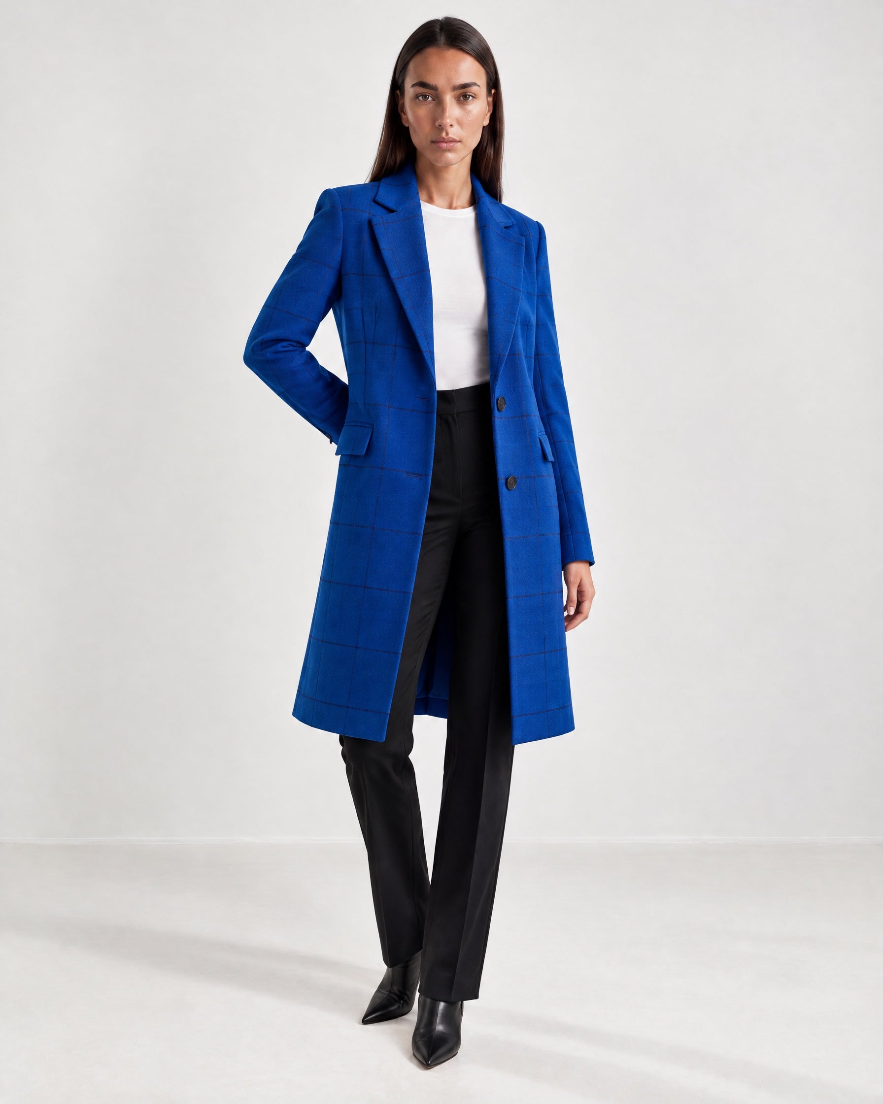Blue Check Coat Womens Tailored Checked Coat with Notch Lapel and Button Front