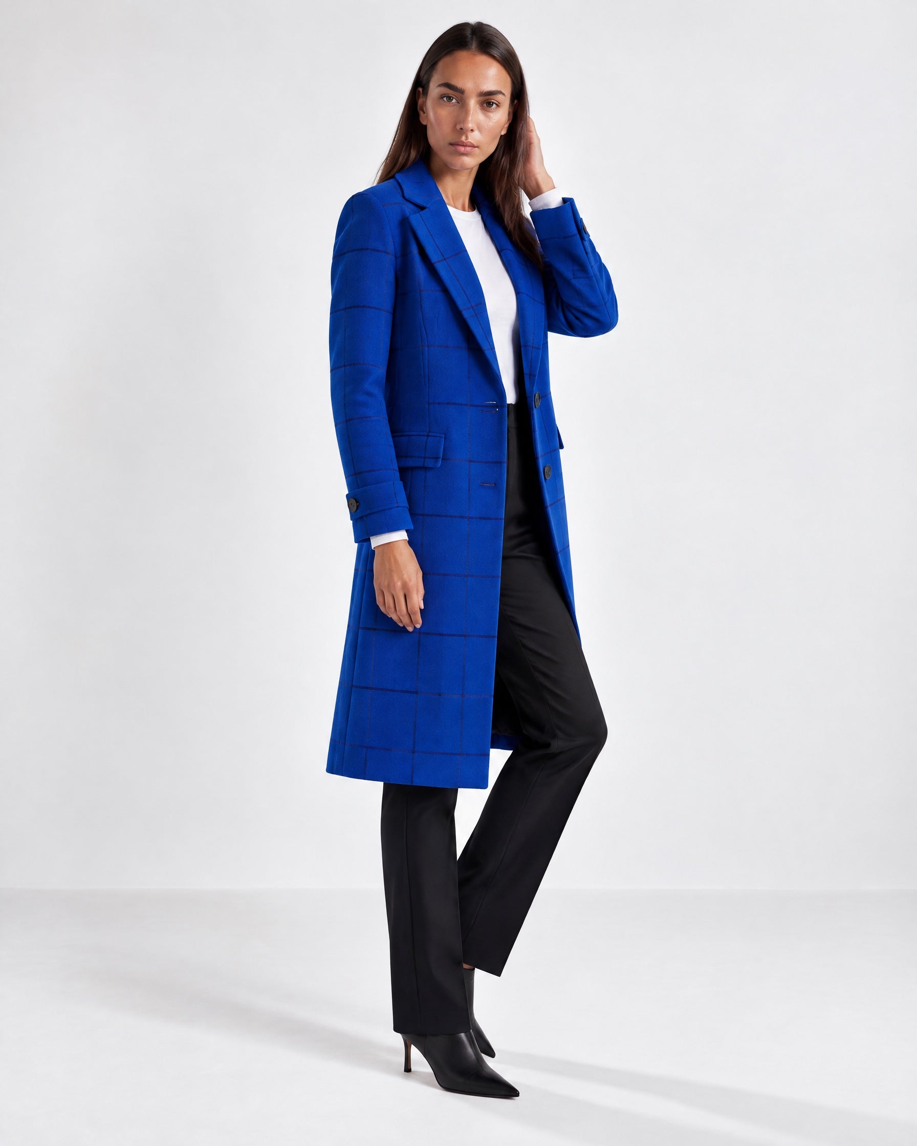 Blue Check Coat Womens Tailored Checked Coat with Notch Lapel and Button Front