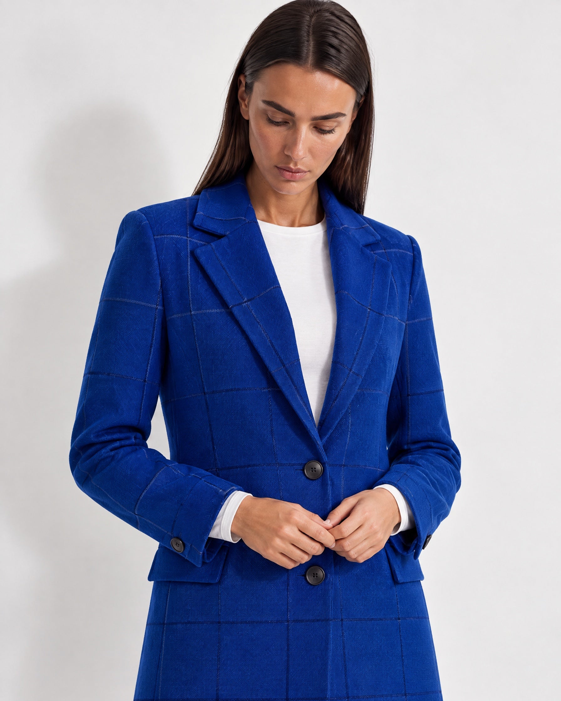 Blue Check Coat Womens Tailored Checked Coat with Notch Lapel and Button Front