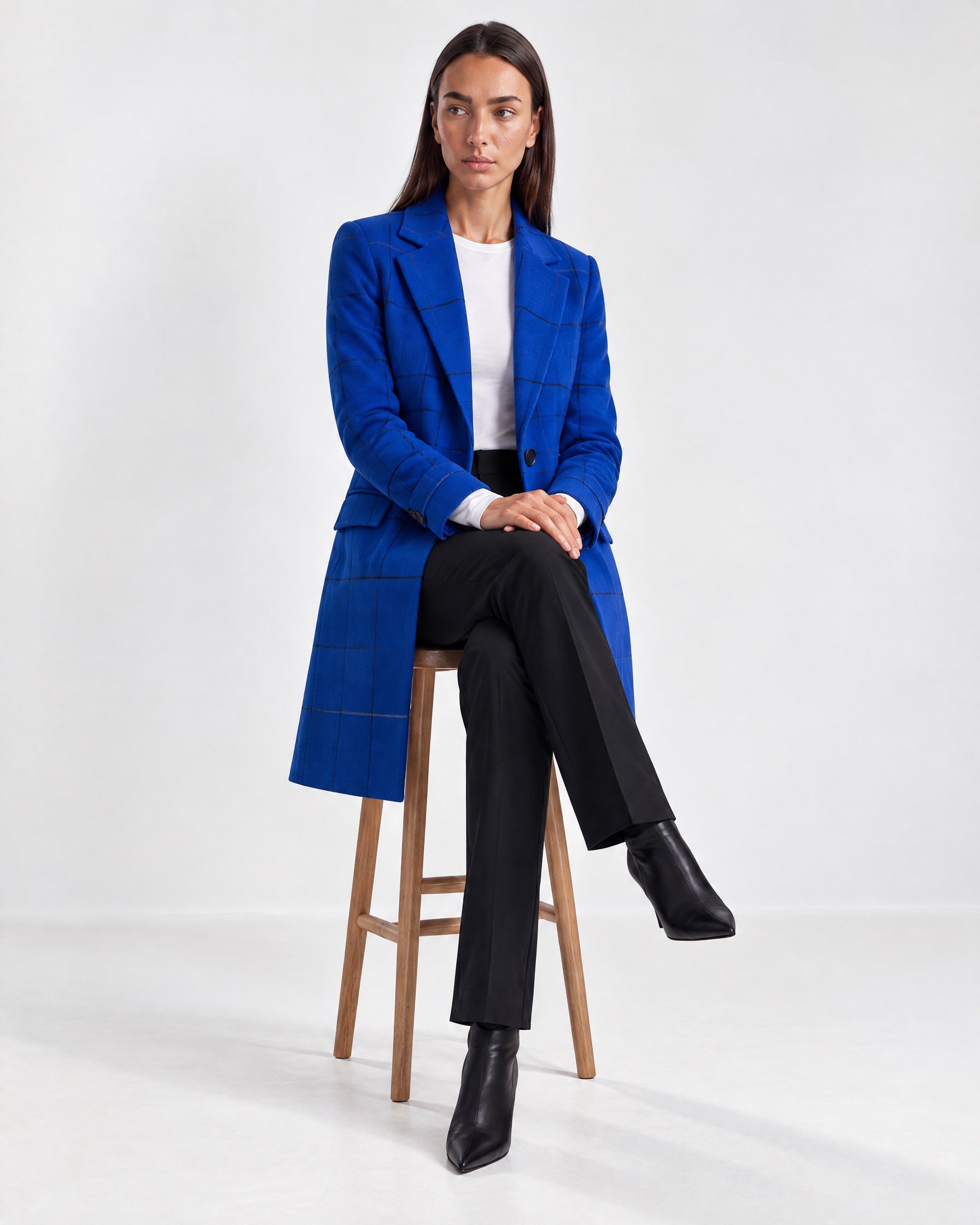 Blue Check Coat Womens Tailored Checked Coat with Notch Lapel and Button Front