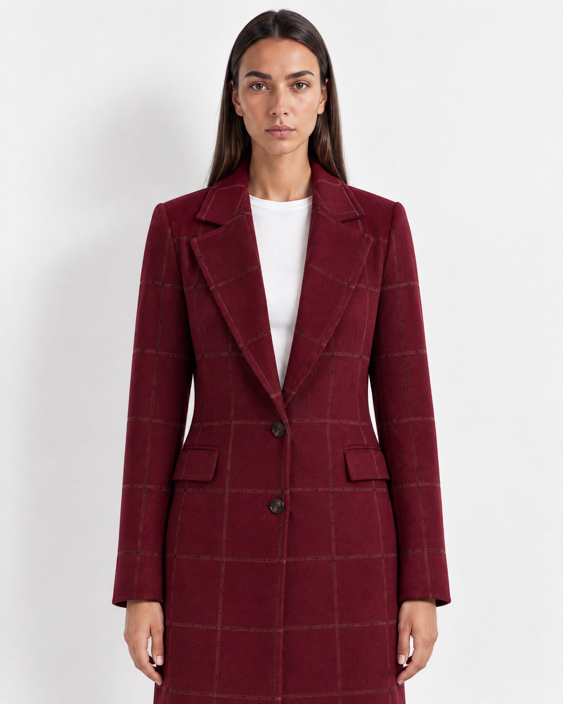 Bordeaux Check Coat Womens Tailored Checked Coat with Notch Lapel and Button Front