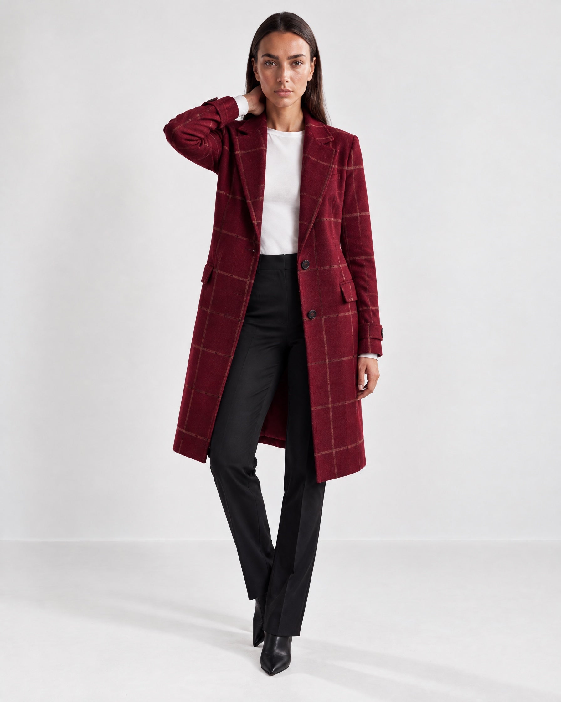 Bordeaux Check Coat Womens Tailored Checked Coat with Notch Lapel and Button Front