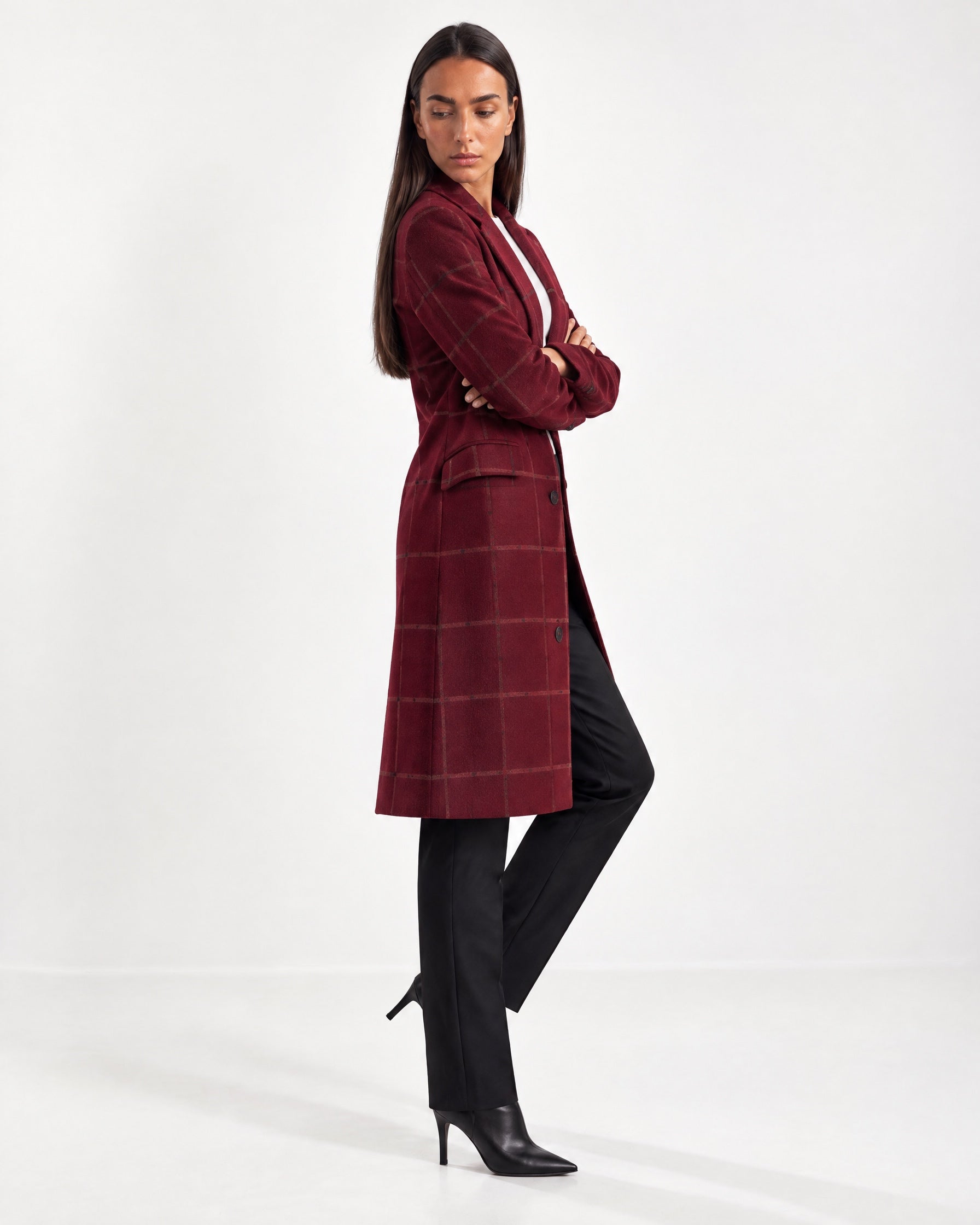 Bordeaux Check Coat Womens Tailored Checked Coat with Notch Lapel and Button Front
