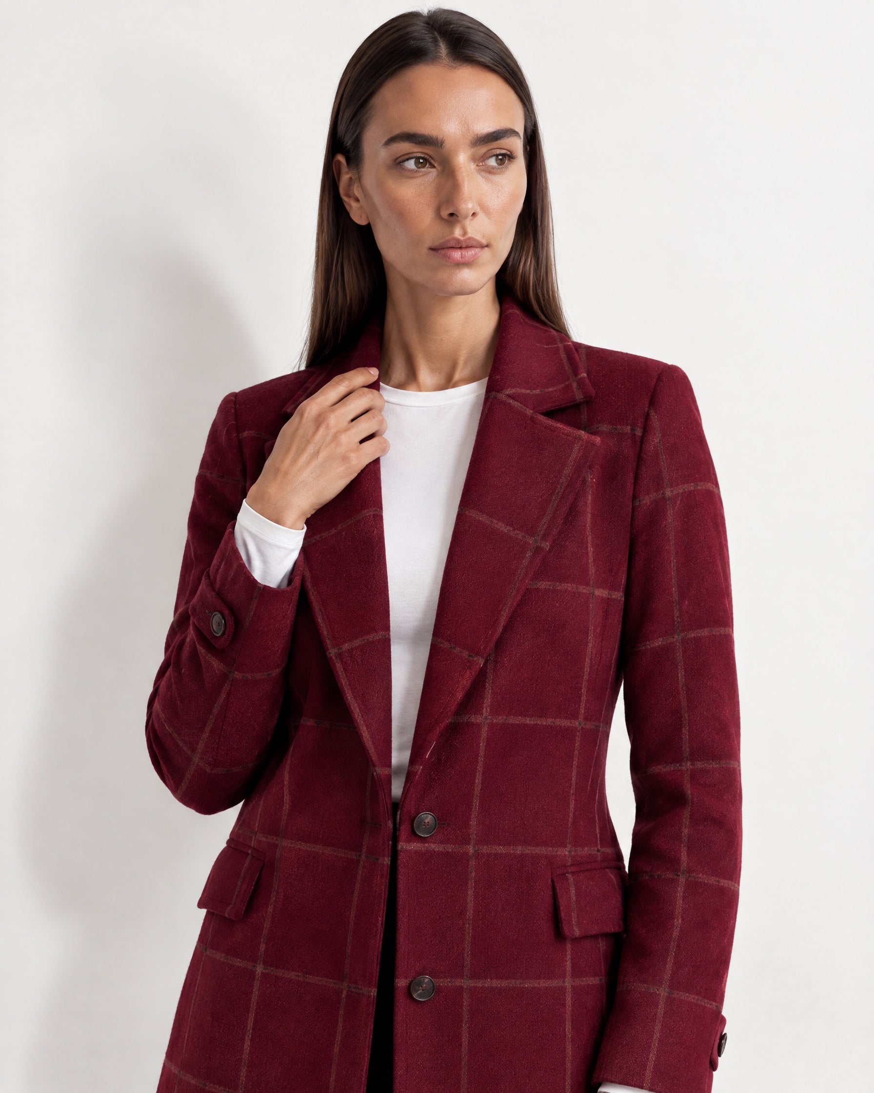 Bordeaux Check Coat Womens Tailored Checked Coat with Notch Lapel and Button Front