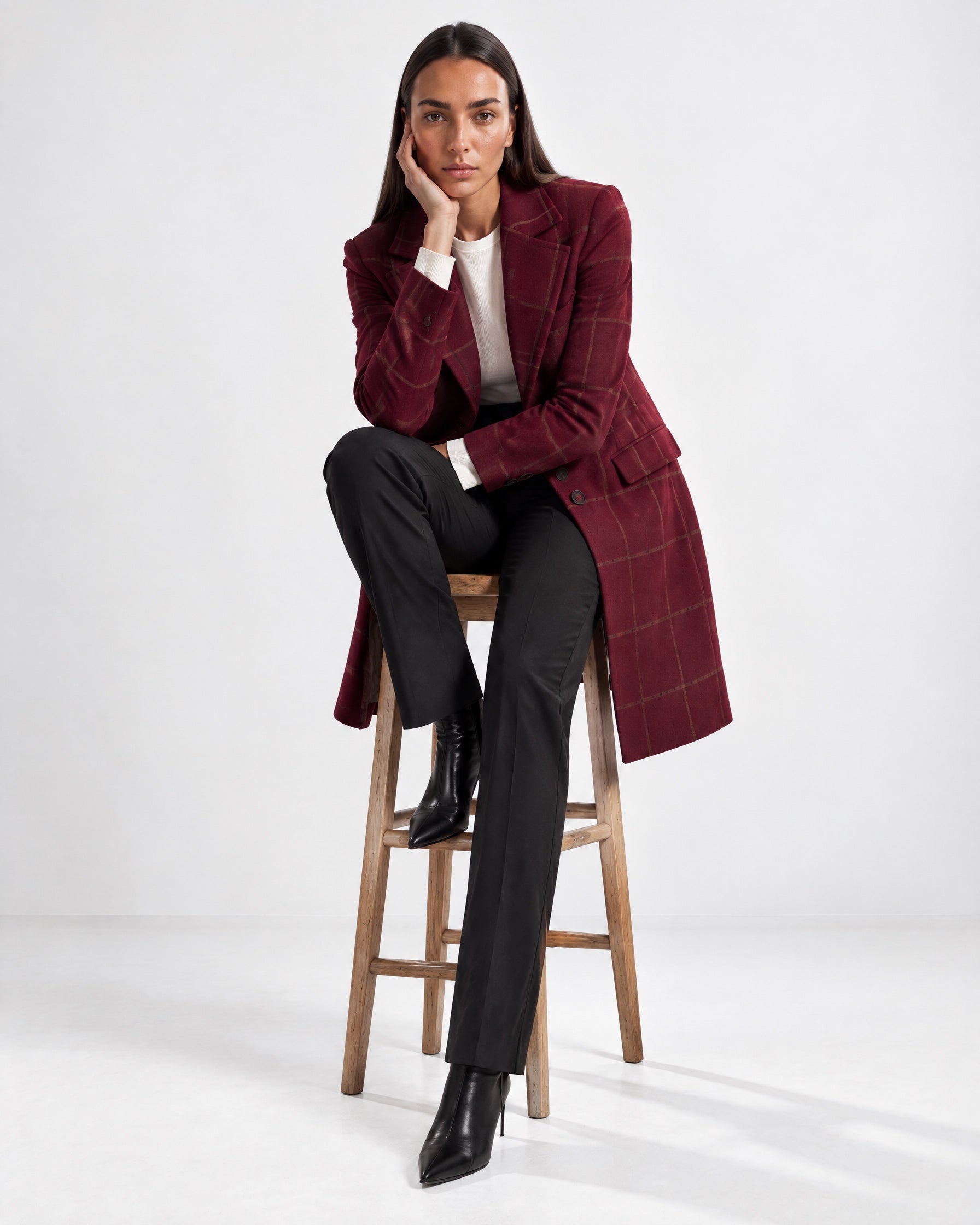 Bordeaux Check Coat Womens Tailored Checked Coat with Notch Lapel and Button Front