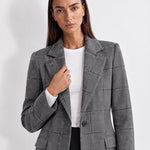 Grey Check Coat Womens Tailored Checked Coat with Notch Lapel and Button Front