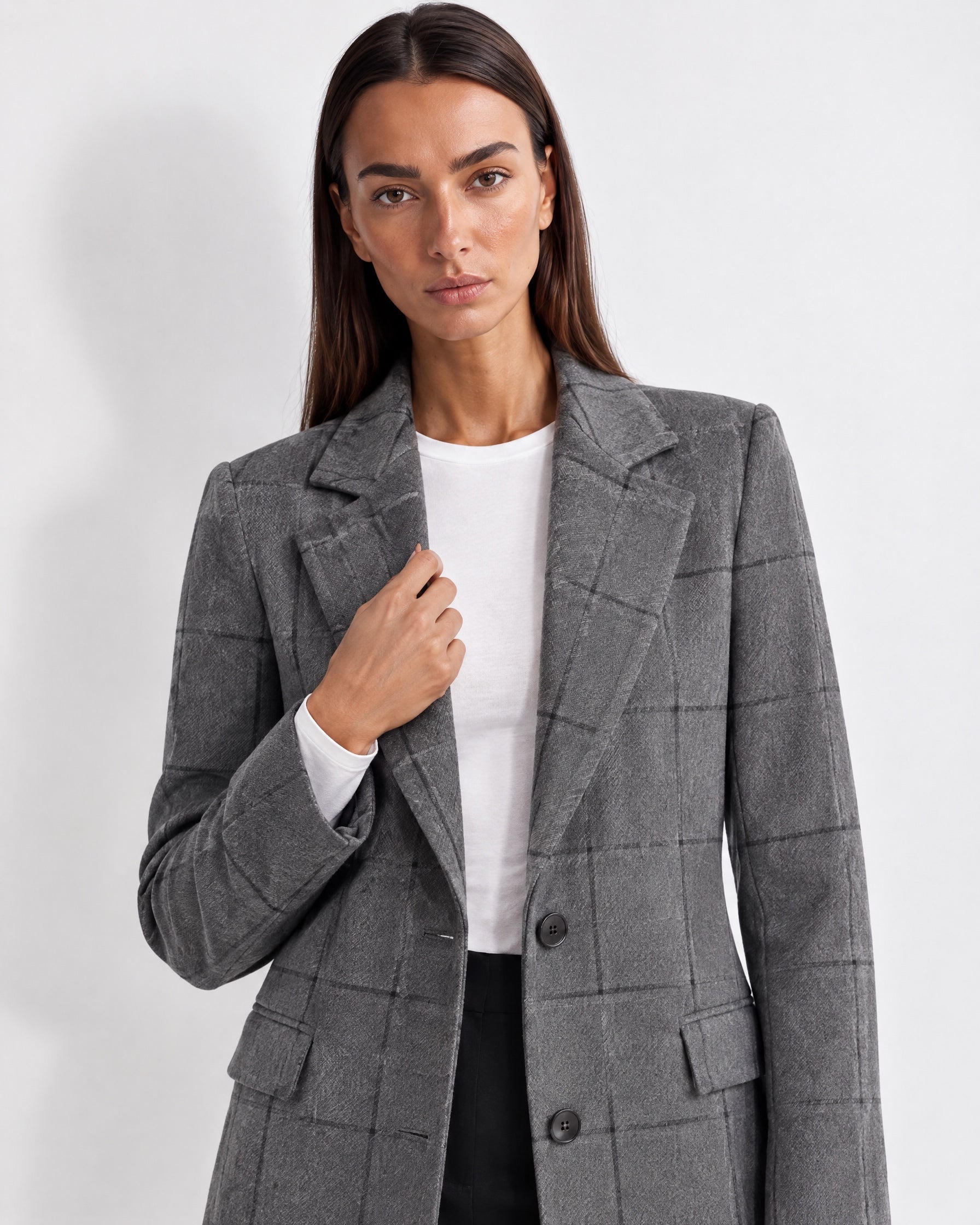 Grey Check Coat Womens Tailored Checked Coat with Notch Lapel and Button Front