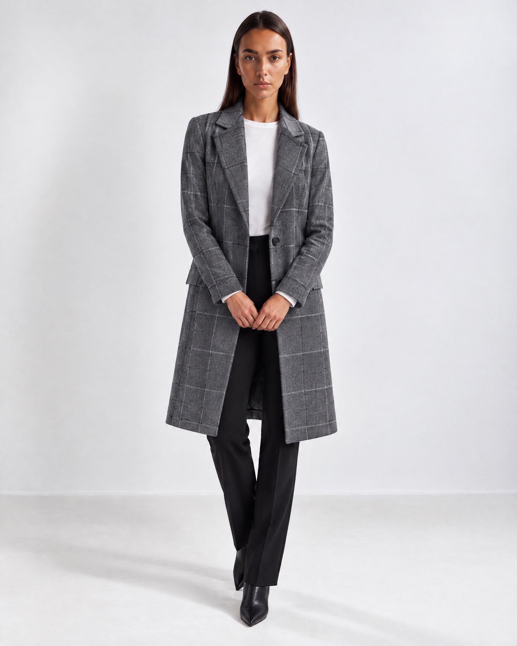 Grey Check Coat Womens Tailored Checked Coat with Notch Lapel and Button Front