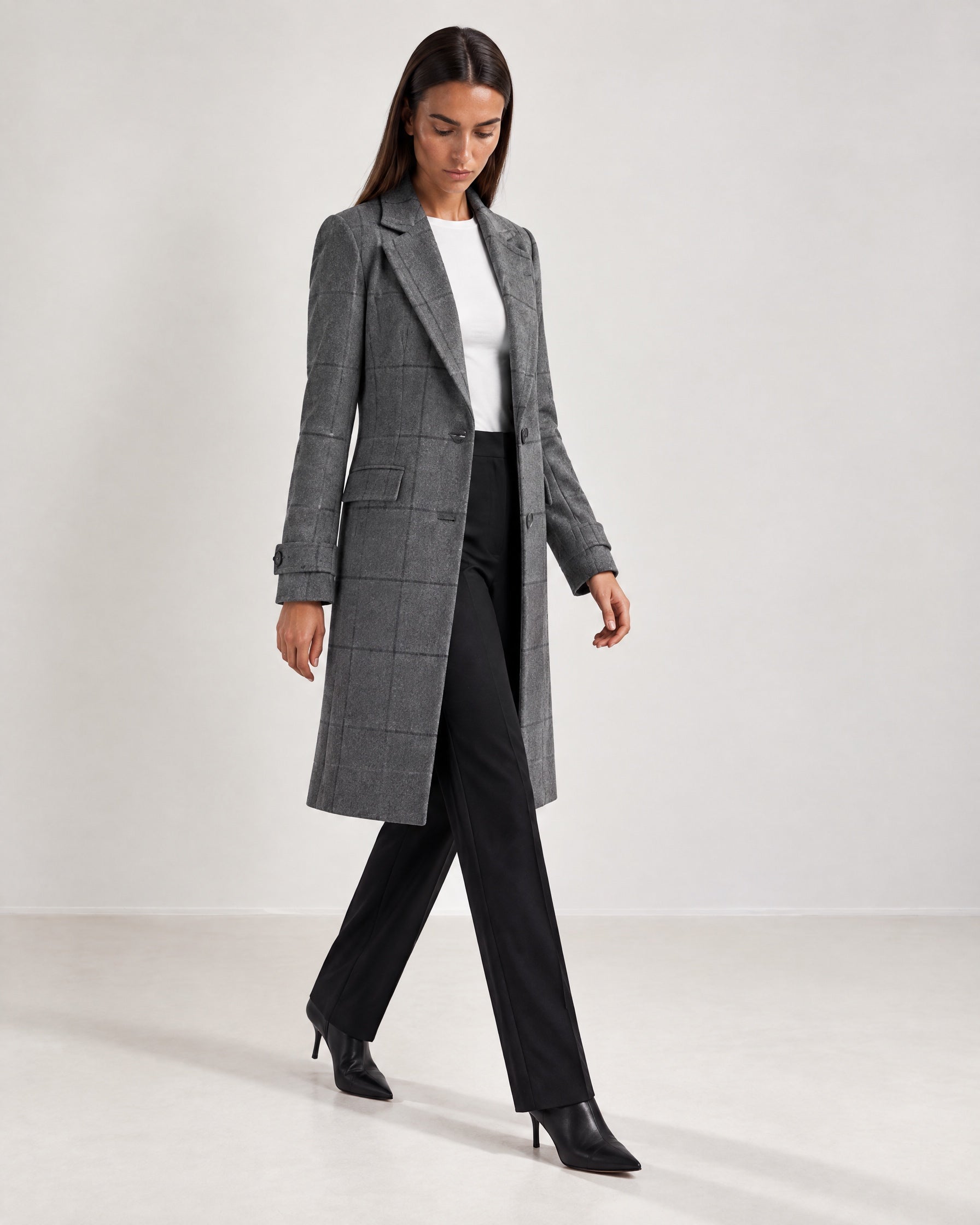 Grey Check Coat Womens Tailored Checked Coat with Notch Lapel and Button Front