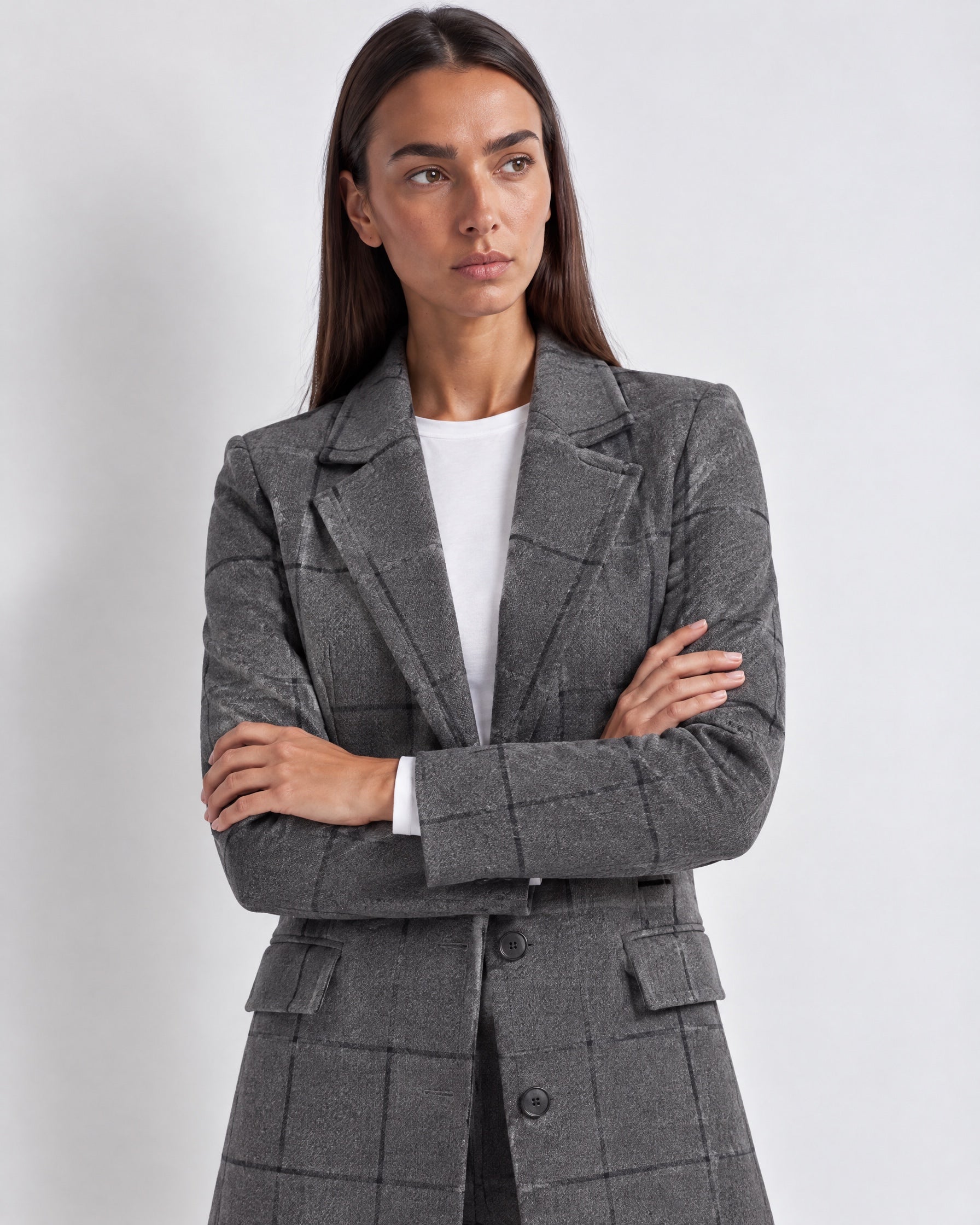 Grey Check Coat Womens Tailored Checked Coat with Notch Lapel and Button Front