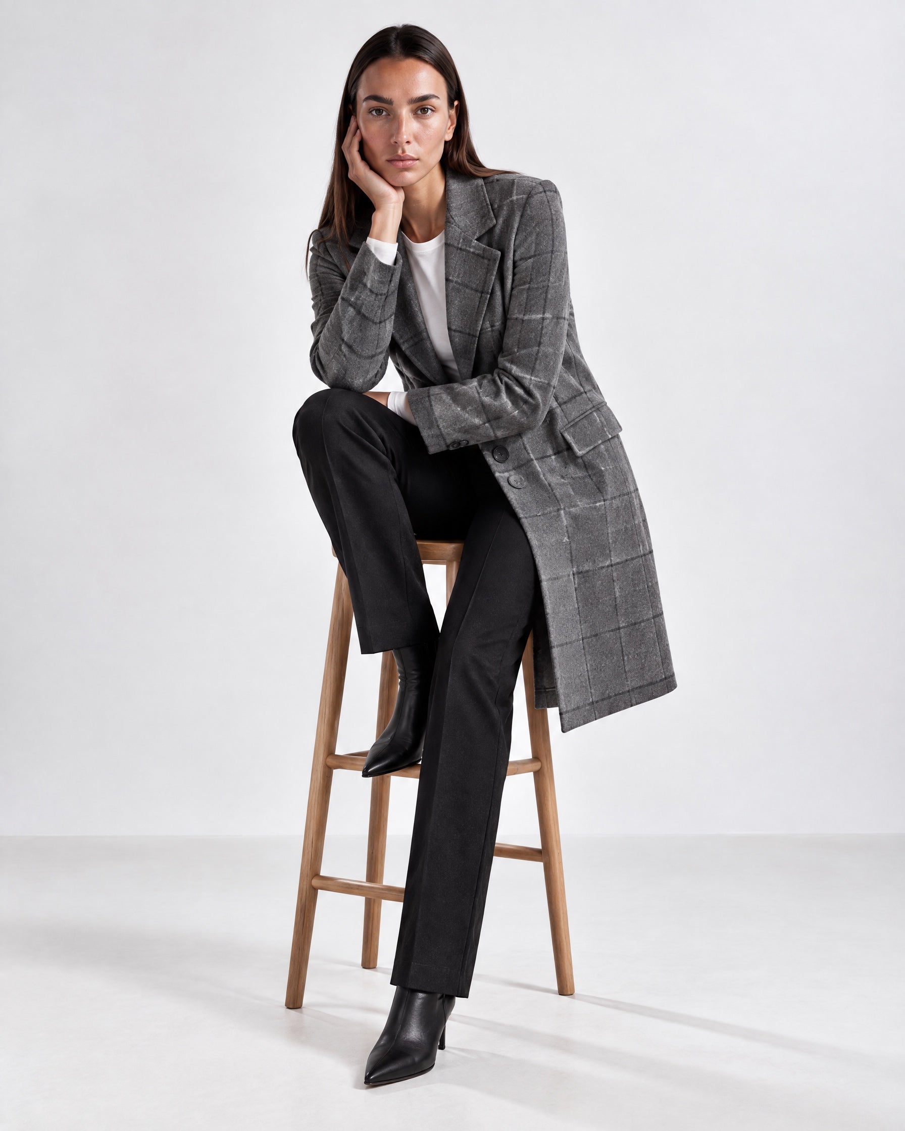 Grey Check Coat Womens Tailored Checked Coat with Notch Lapel and Button Front