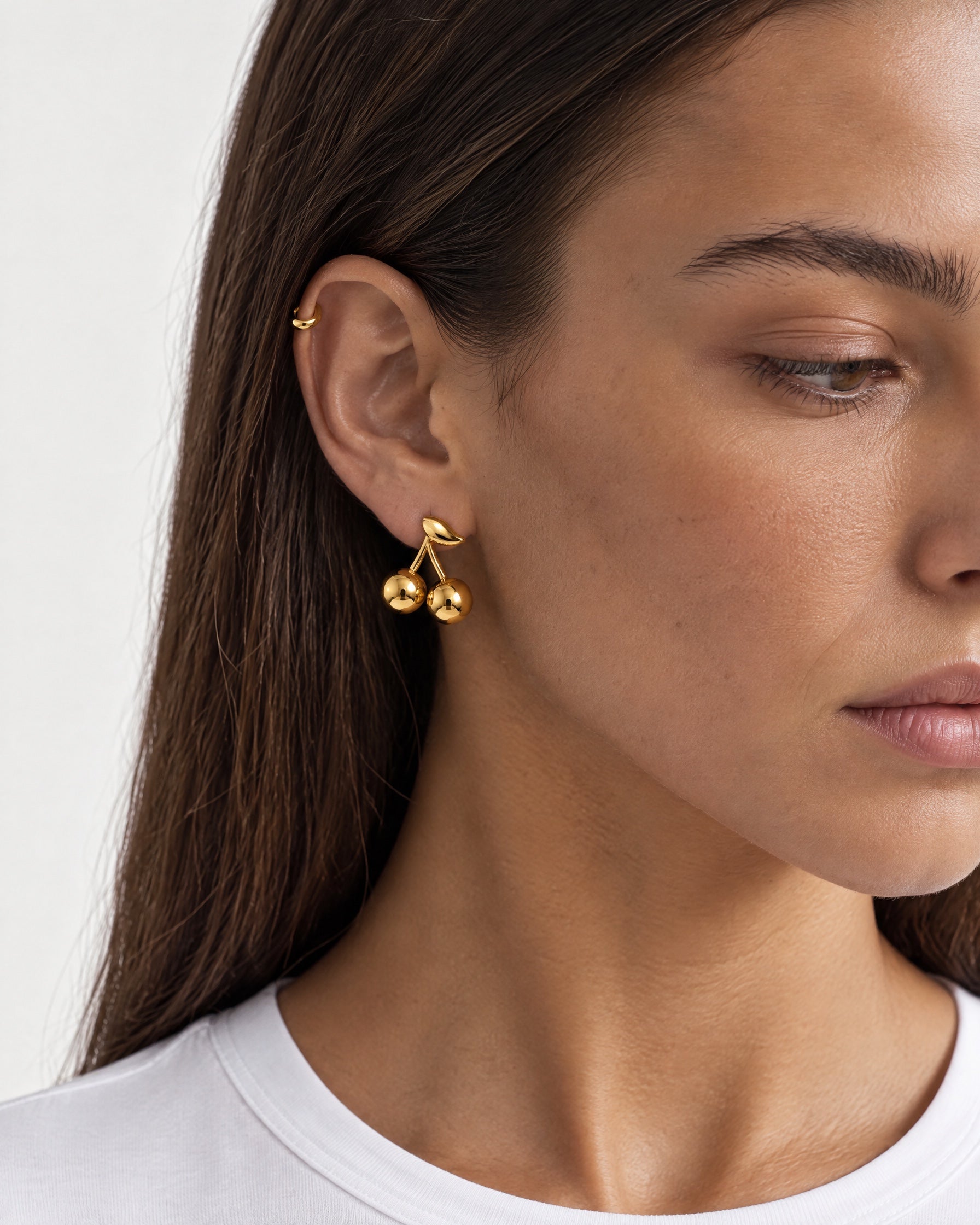 Cherry Earrings Gold Tone Stud with Leaf