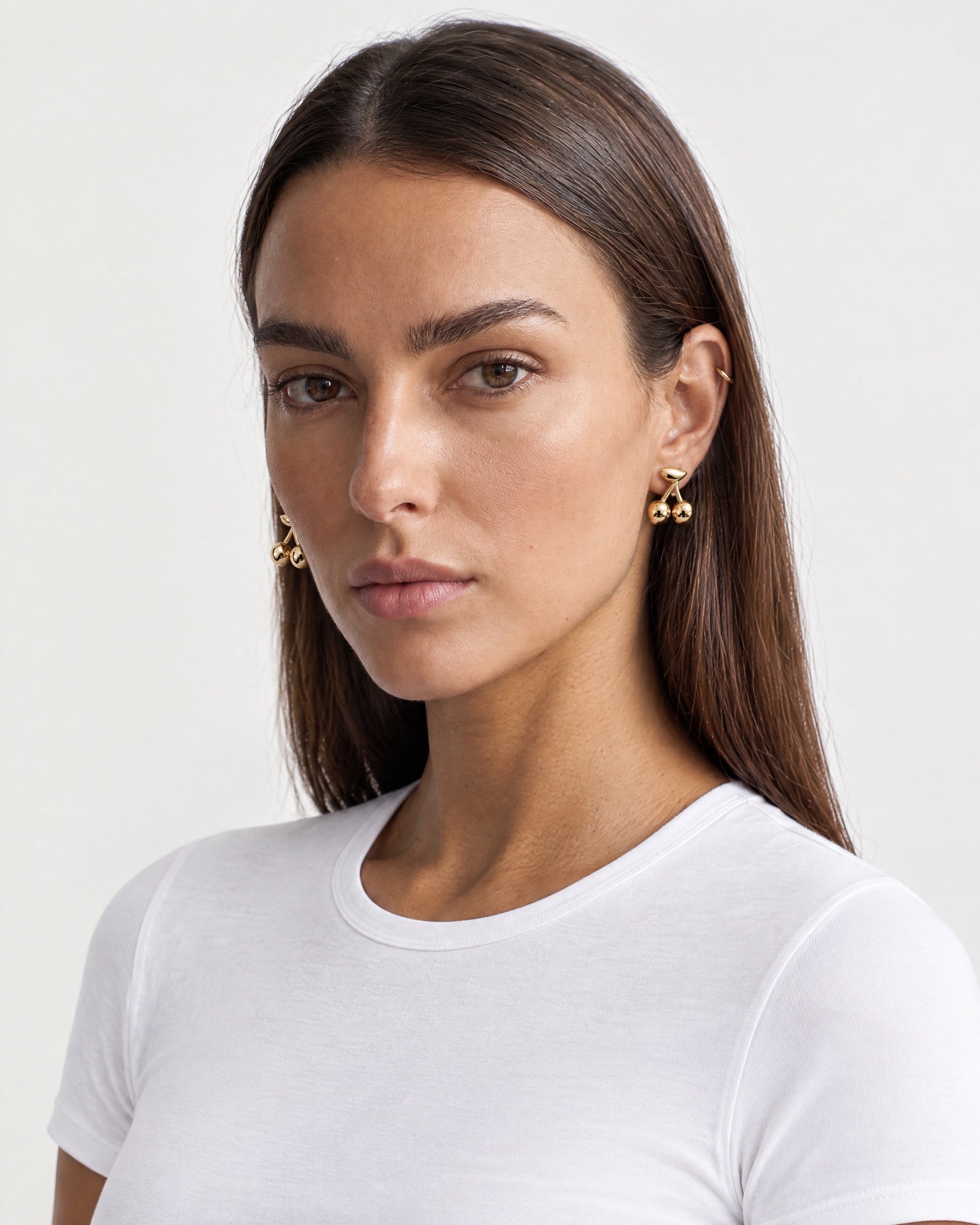 Cherry Earrings Gold Tone Stud with Leaf