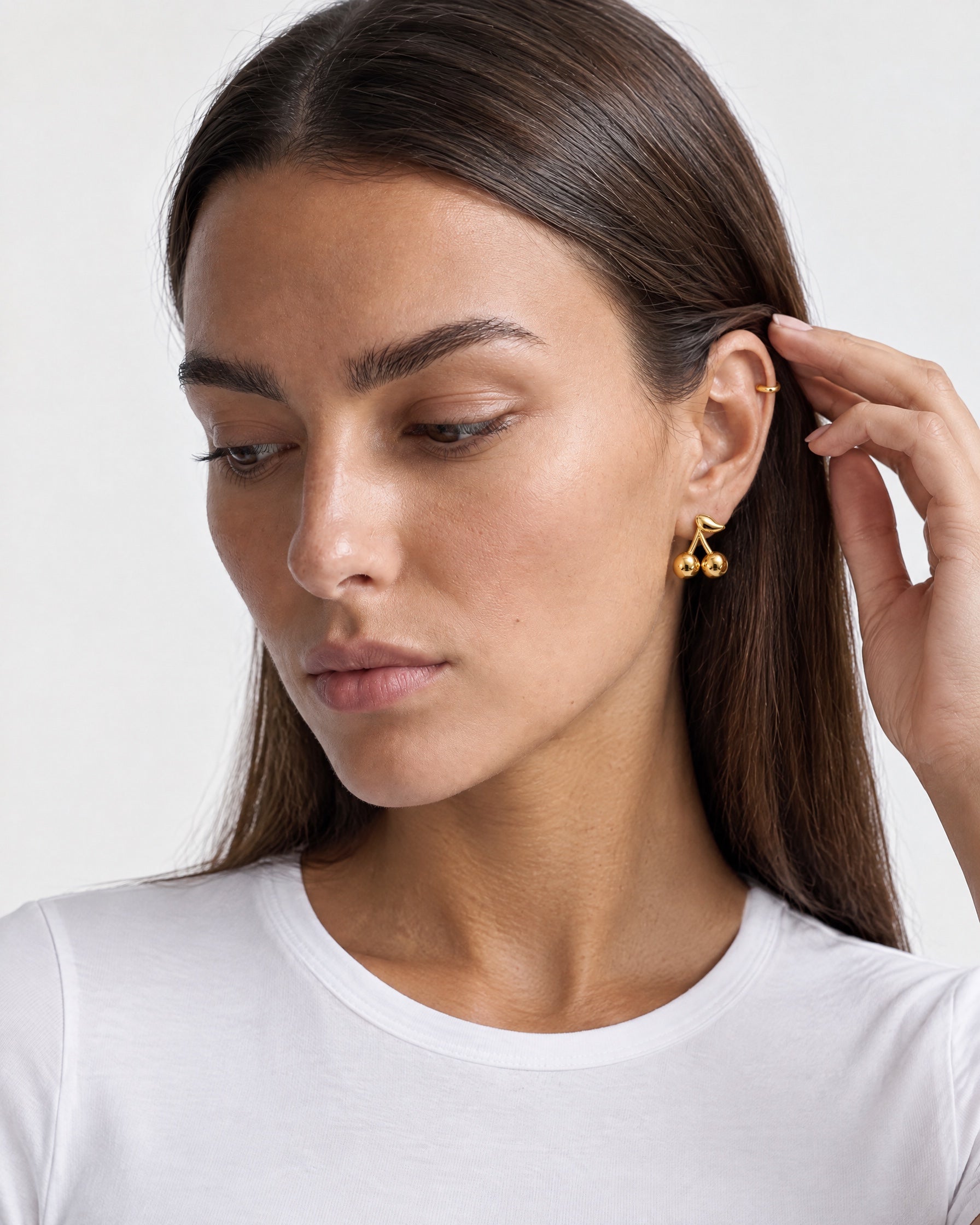 Cherry Earrings Gold Tone Stud with Leaf