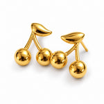 Cherry Earrings Gold Tone Stud with Leaf