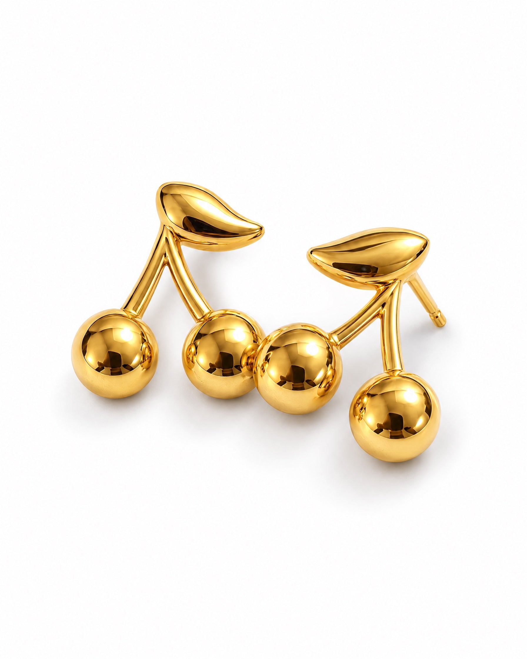 Cherry Earrings Gold Tone Stud with Leaf