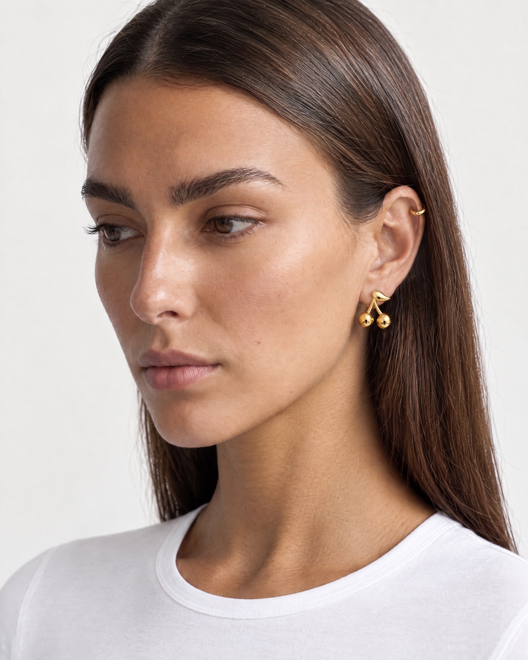 Cherry Earrings Gold Tone Stud with Leaf