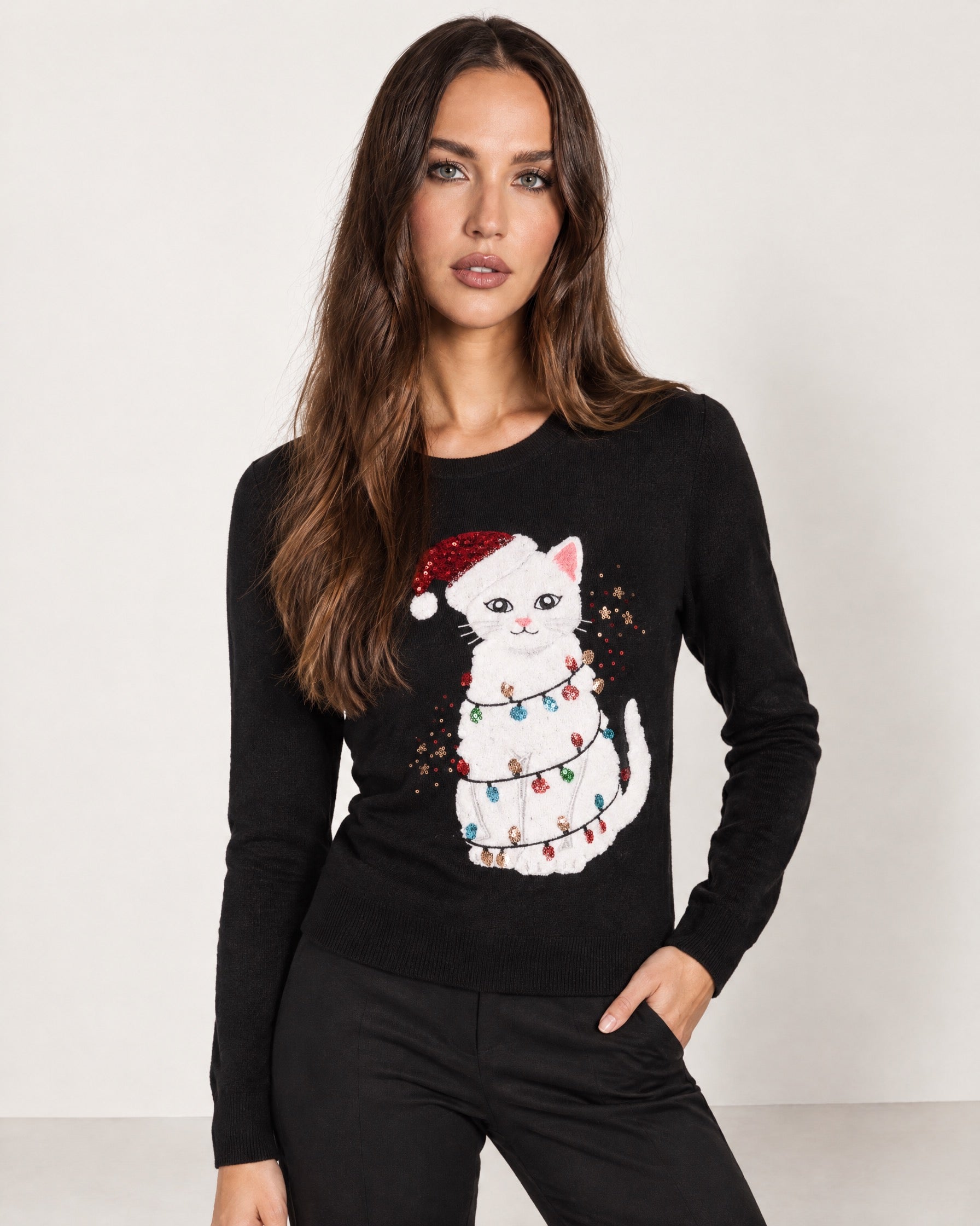 Black Christmas Jumper Cat Sequin Lights