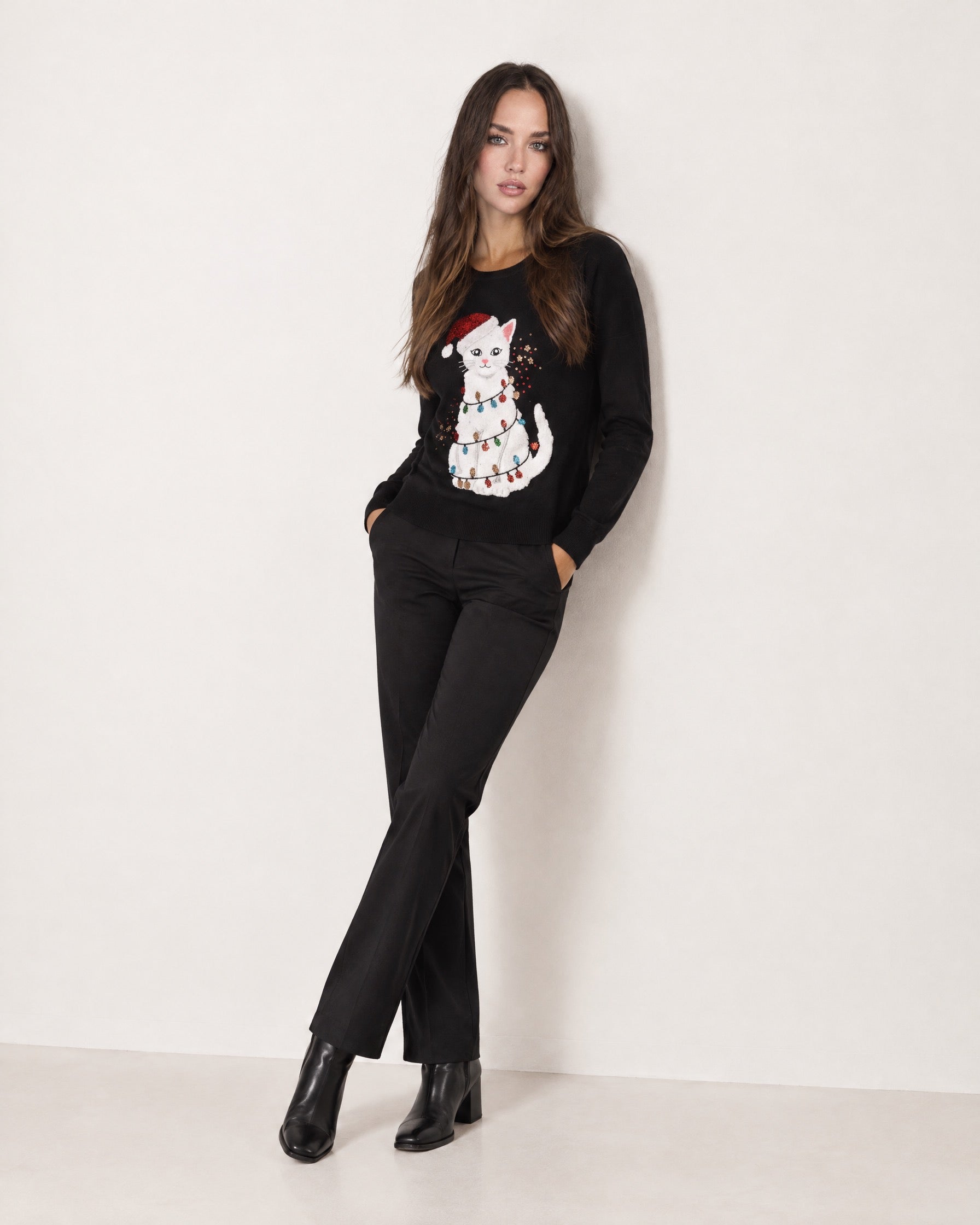 Black Christmas Jumper Cat Sequin Lights