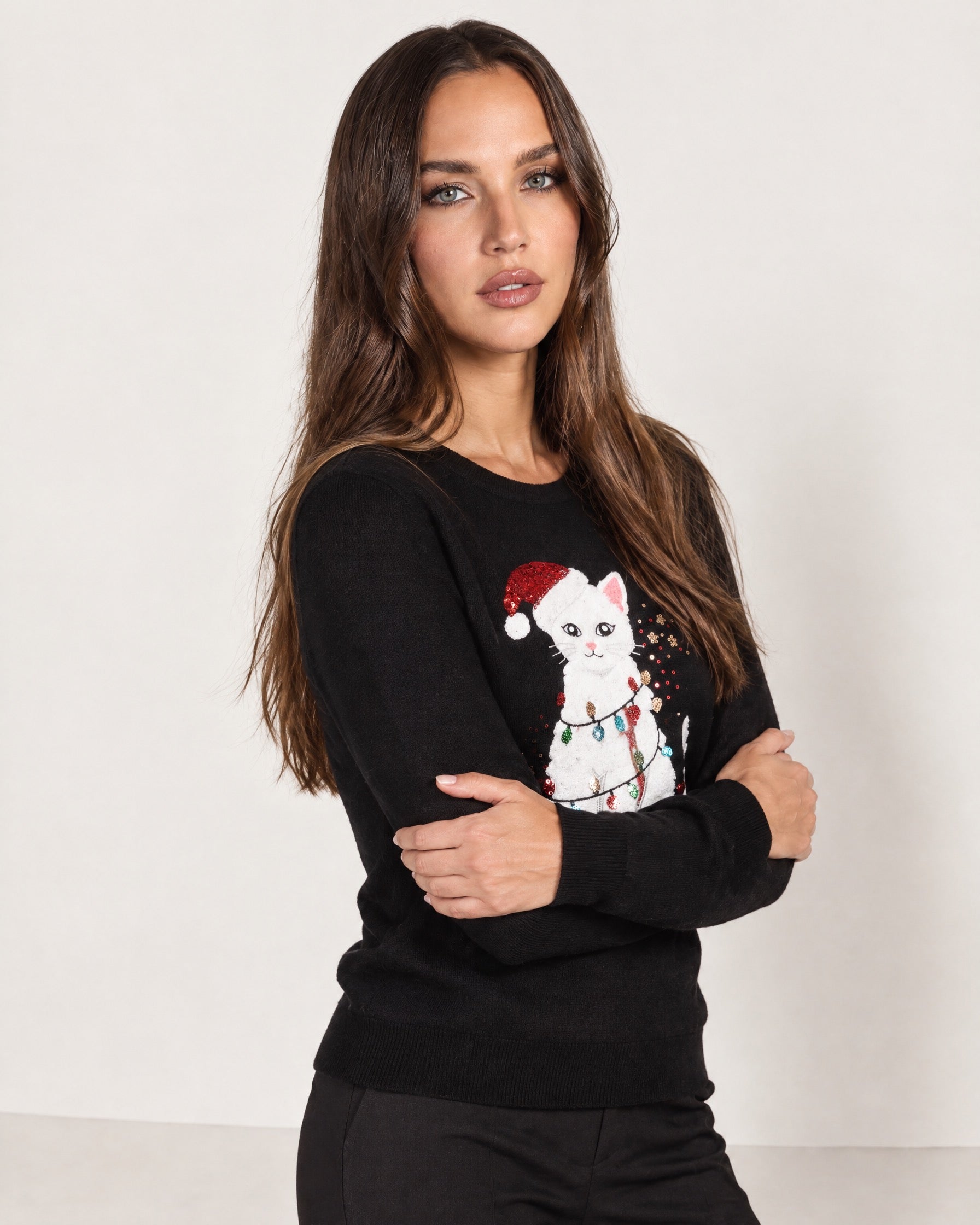 Black Christmas Jumper Cat Sequin Lights