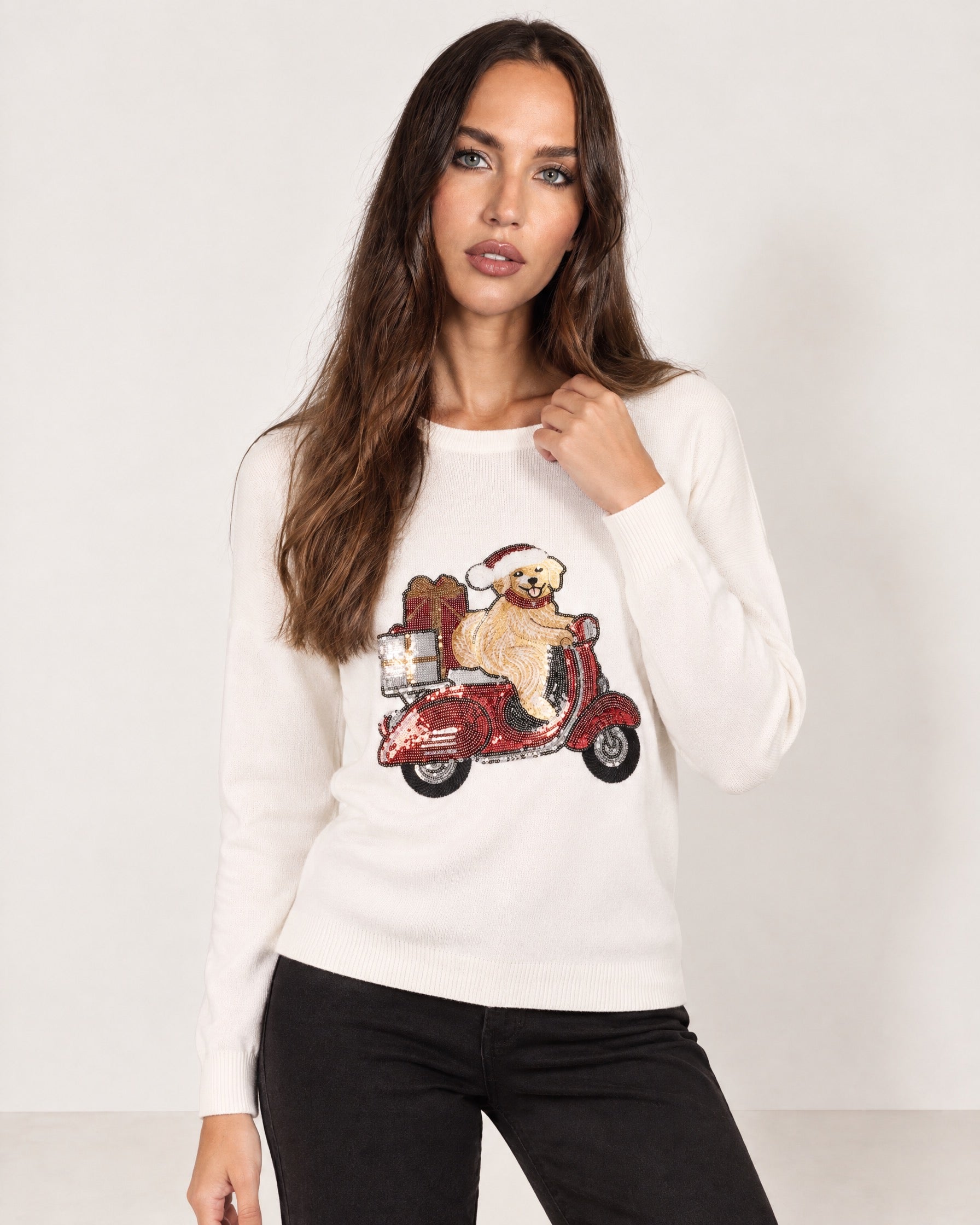 Ivory Christmas Jumper Dog Scooter Sequin