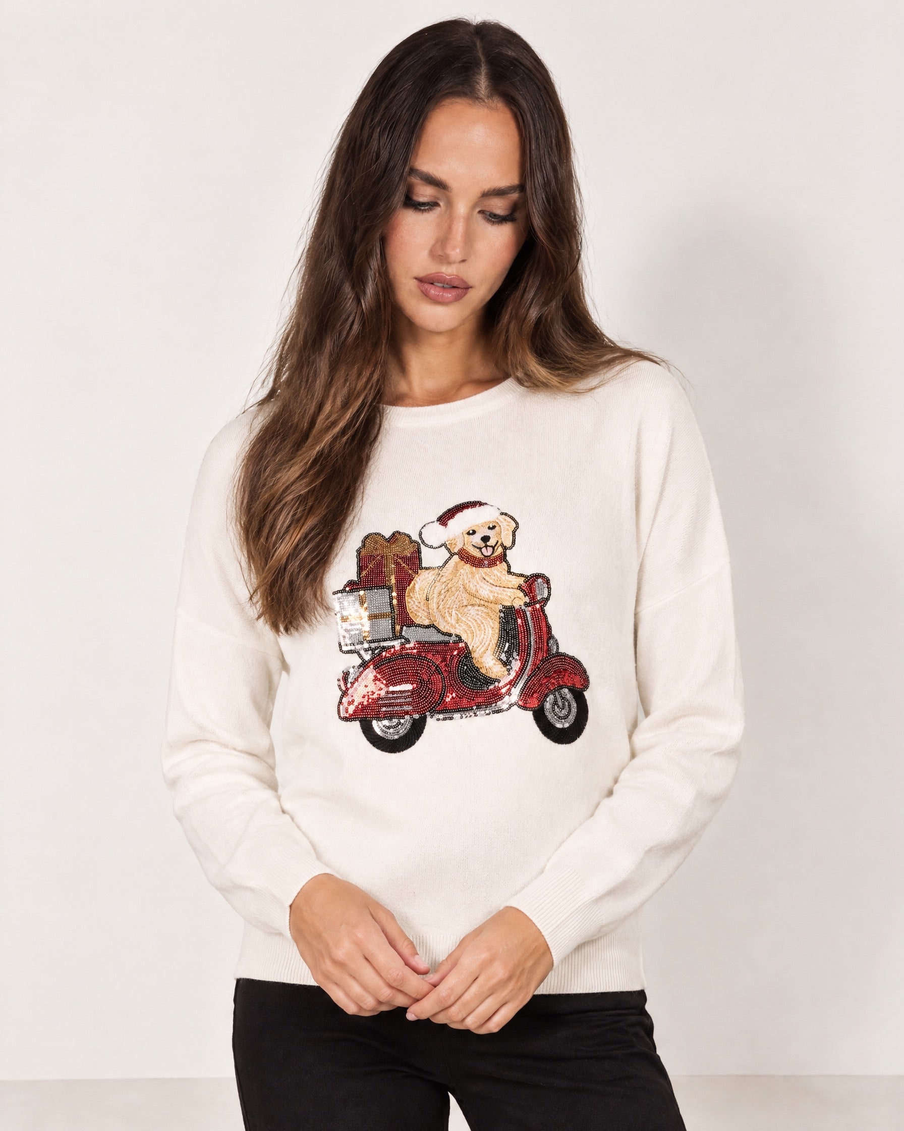 Ivory Christmas Jumper Dog Scooter Sequin