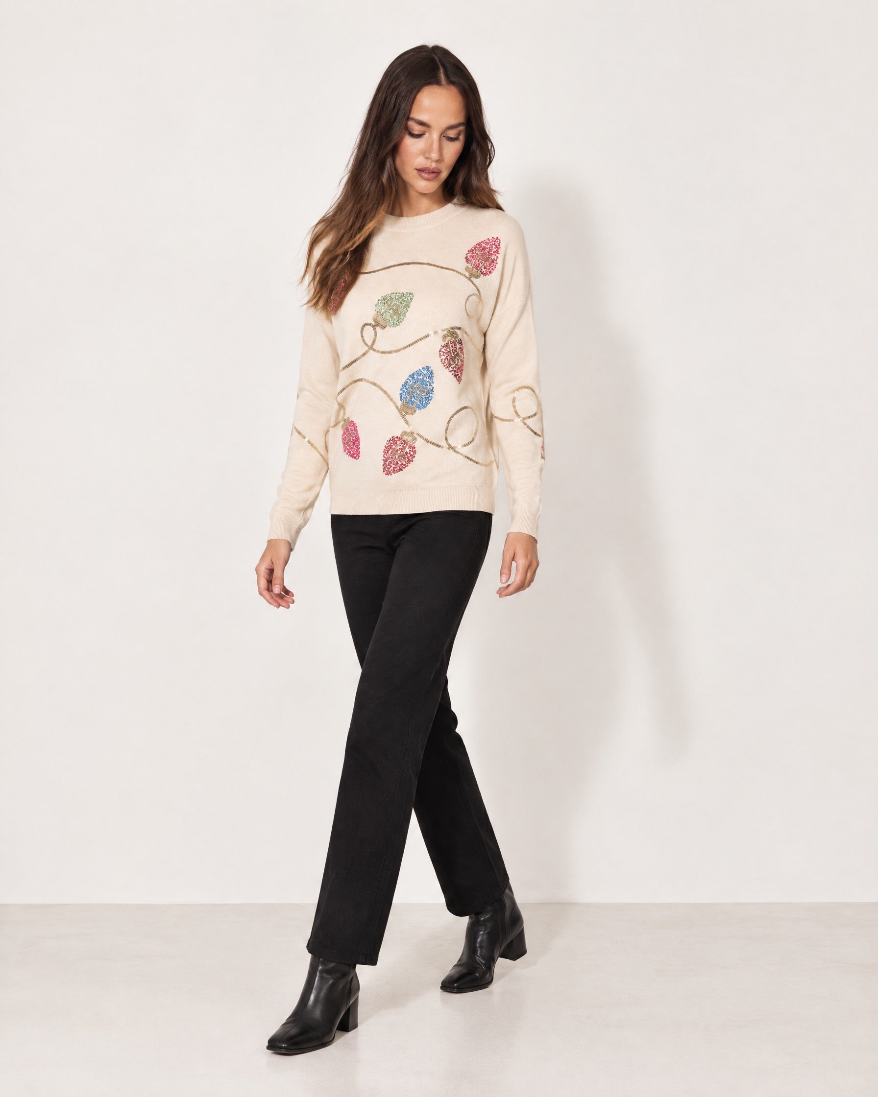 Beige Christmas Jumper Sequin Fairy Lights