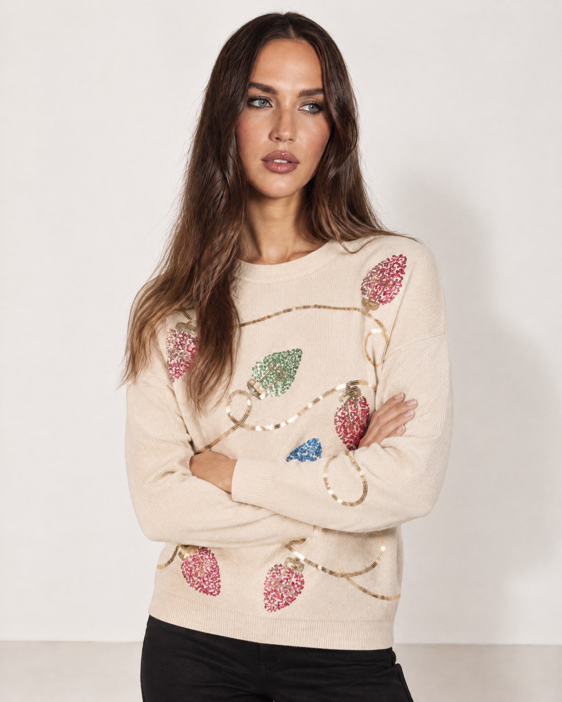 Beige Christmas Jumper Sequin Fairy Lights