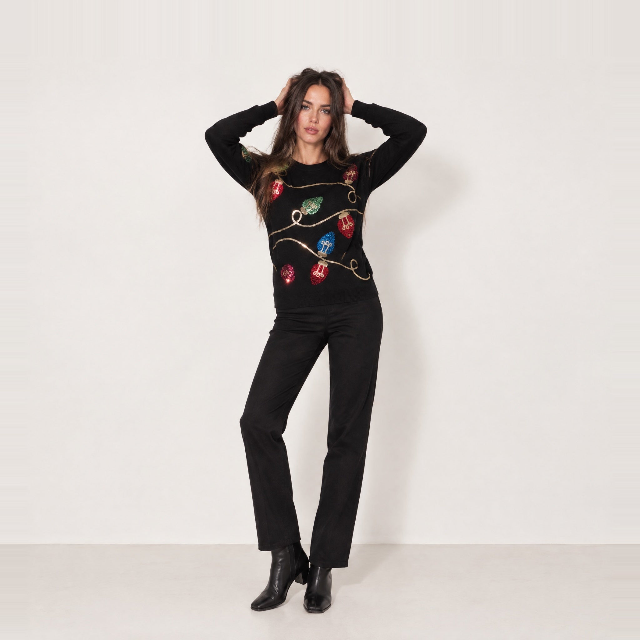 Black Christmas Jumper Sequin Fairy Lights