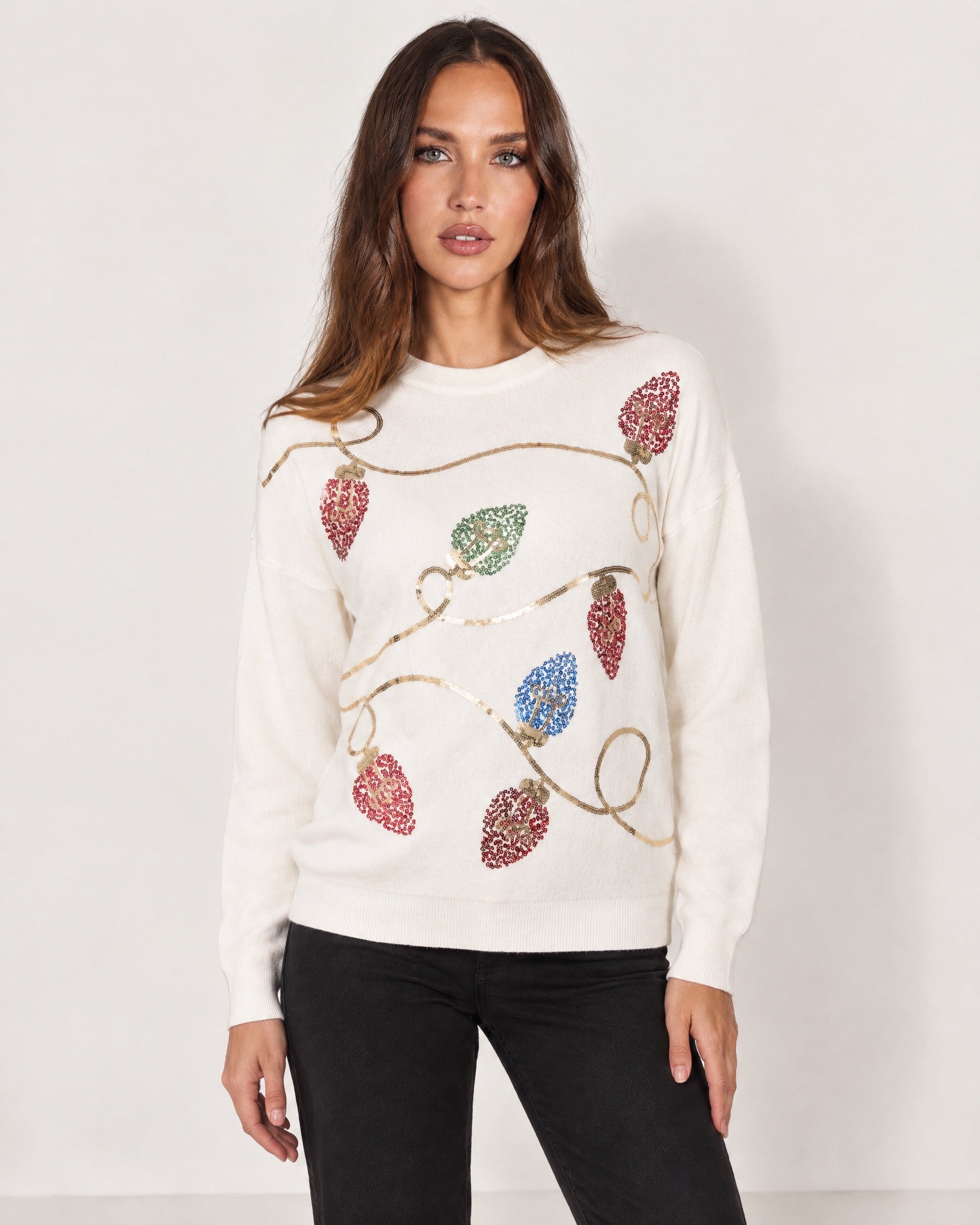 Ivory Christmas Jumper Sequin Fairy Lights