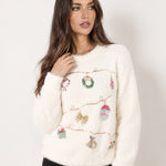 Ivory Christmas Jumper Fluffy Sequin Wreath
